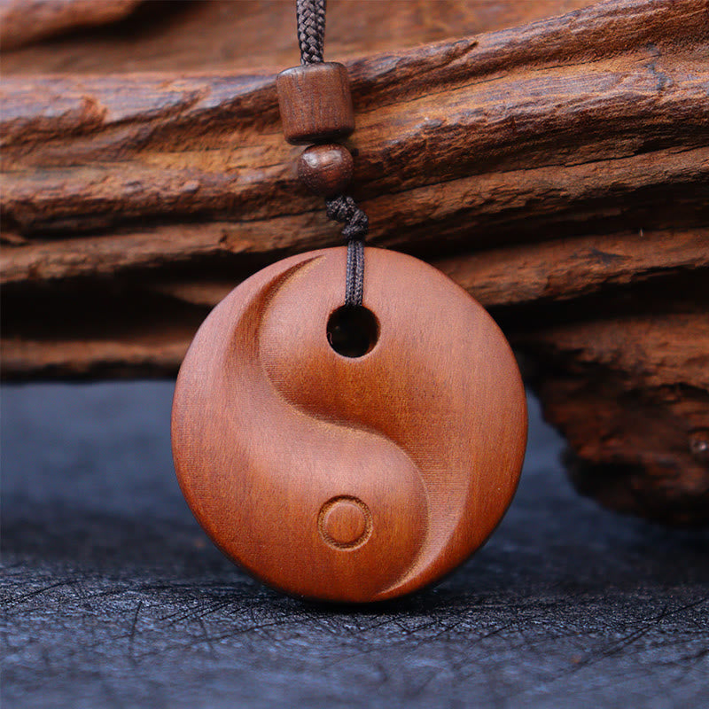 Lightning Struck Jujube Wood Yin Yang Luck Protection Necklace Pendant