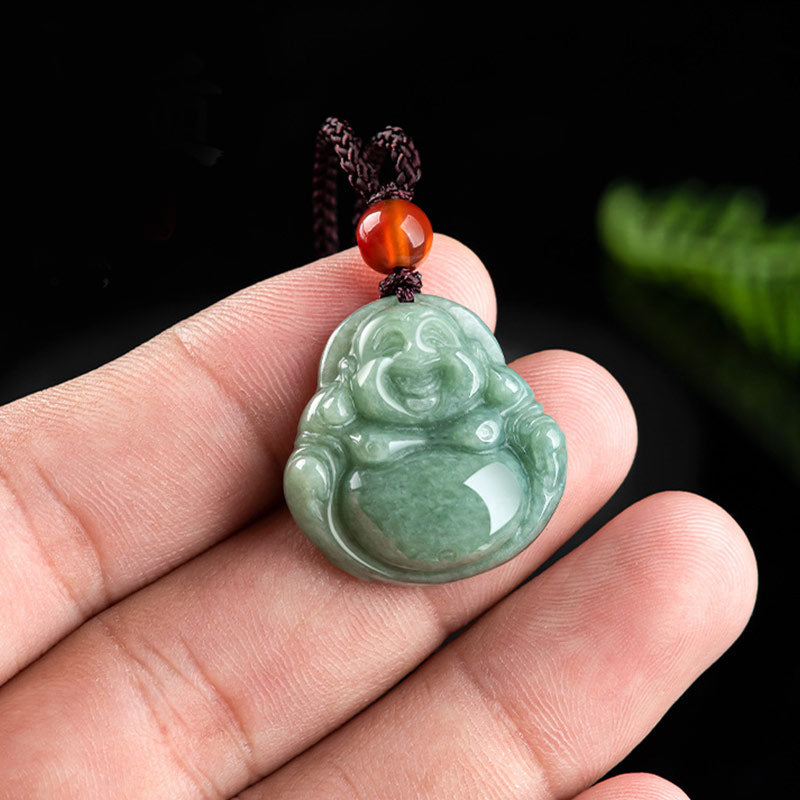 Laughing Buddha Cyan Jade Success Necklace String Pendant - Image 4