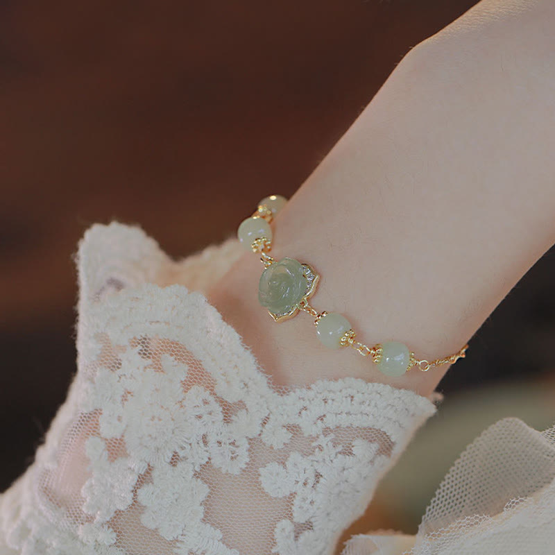 14K Gold Plated Hetian Jade Rose Flower Luck Chain Bracelet - Image 6