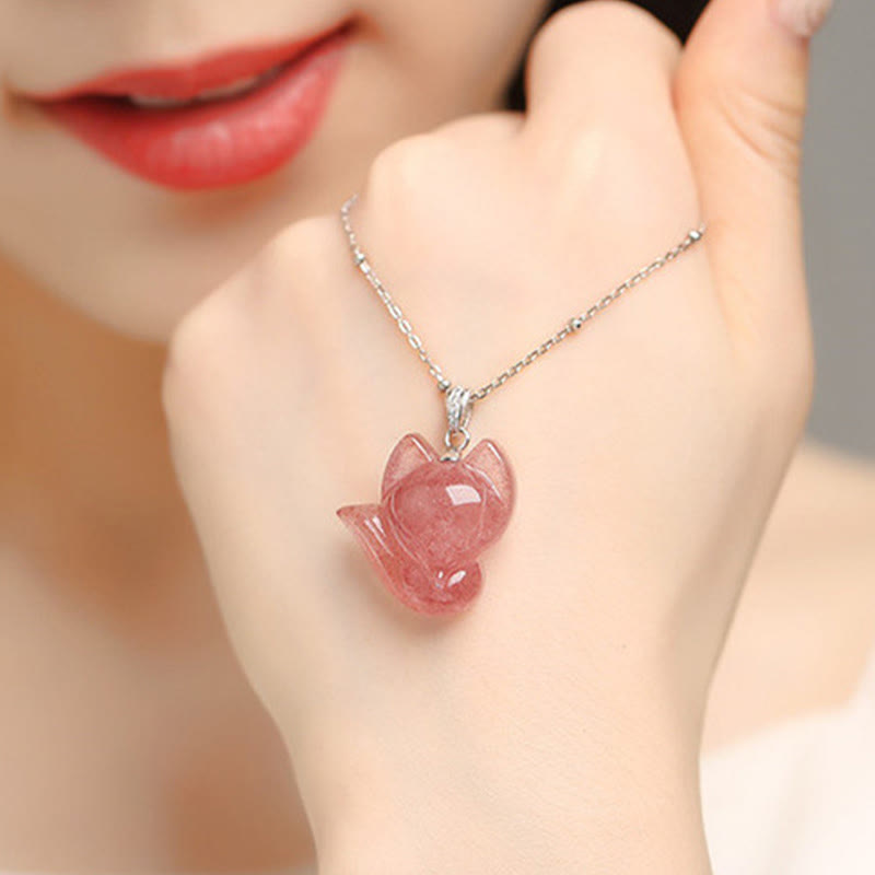 925 Sterling Silver Plated 14k Gold Strawberry Quartz Fox Healing Necklace Pendant - Image 7