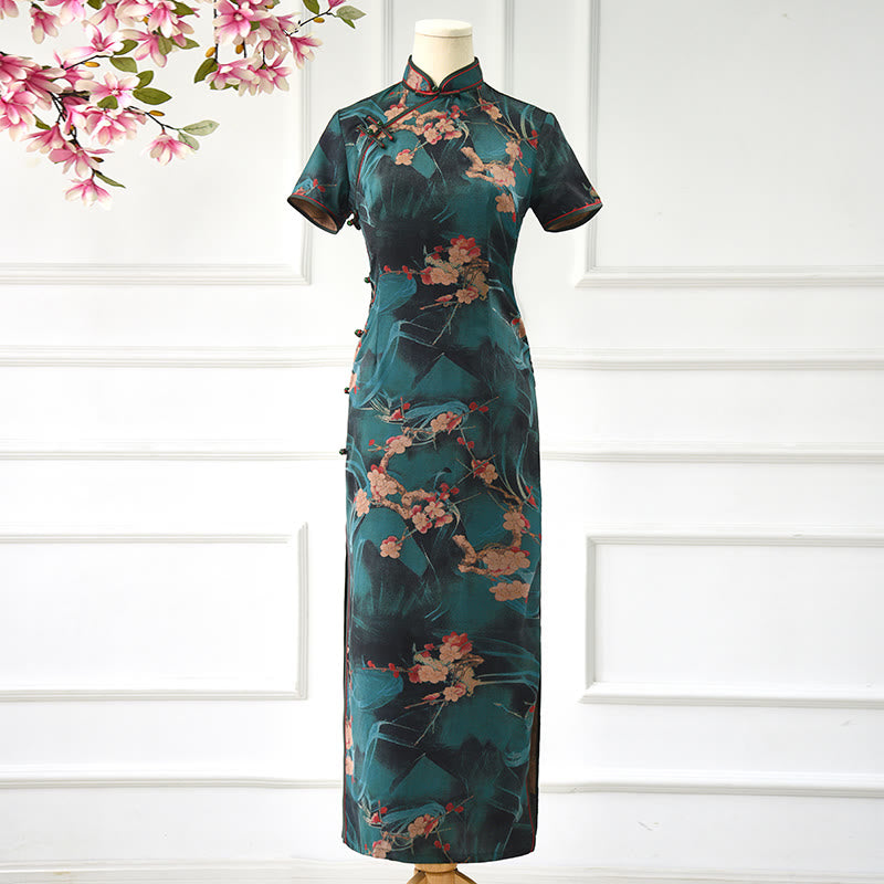 Vintage Pink Flowers Print Cheongsam Dress Women's Qipao Dress