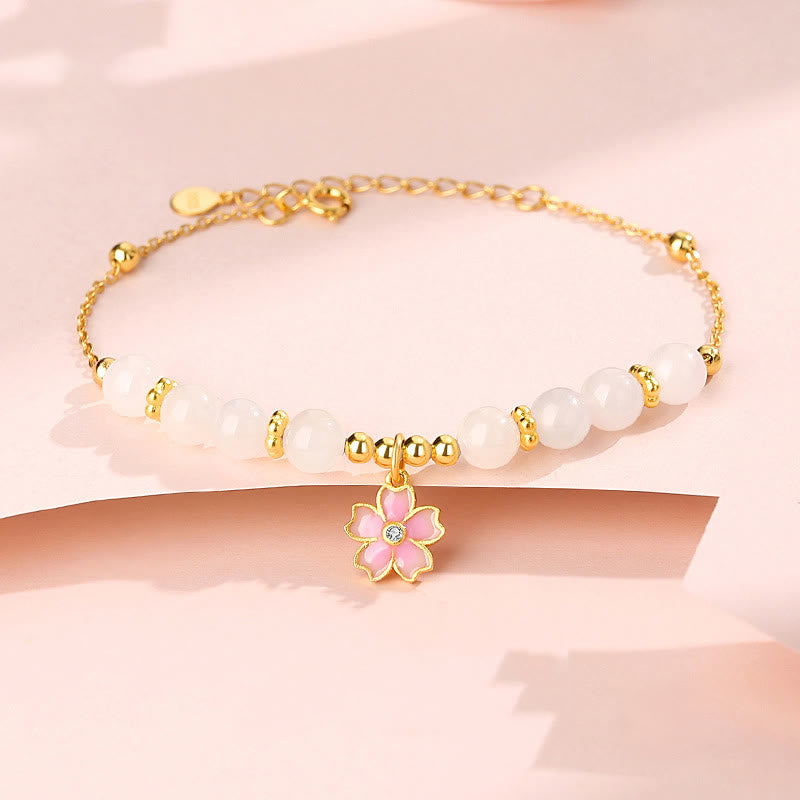 925 Sterling Silver Hetian White Jade Cherry Blossom Protection Bracelet