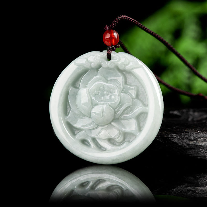 Natural Jade Lotus Flower Carved Prosperity Necklace Pendant - Image 2