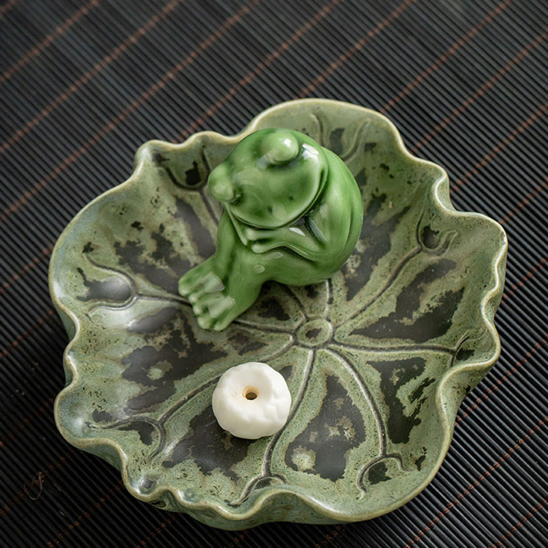 Leaf Meditation Frog Pattern Healing Ceramic Incense Burner Decoration - Image 24