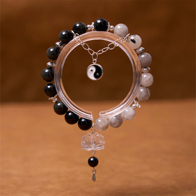 Silver Sheen Obsidian Crackle Clear Quartz Black Rutilated Quartz Yin Yang Lotus Protection Bracelet - Image 19