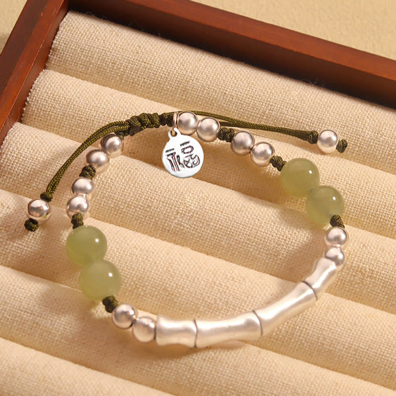 925 Sterling Silver Natural Jade Fu Character Bamboo Abundance Bracelet