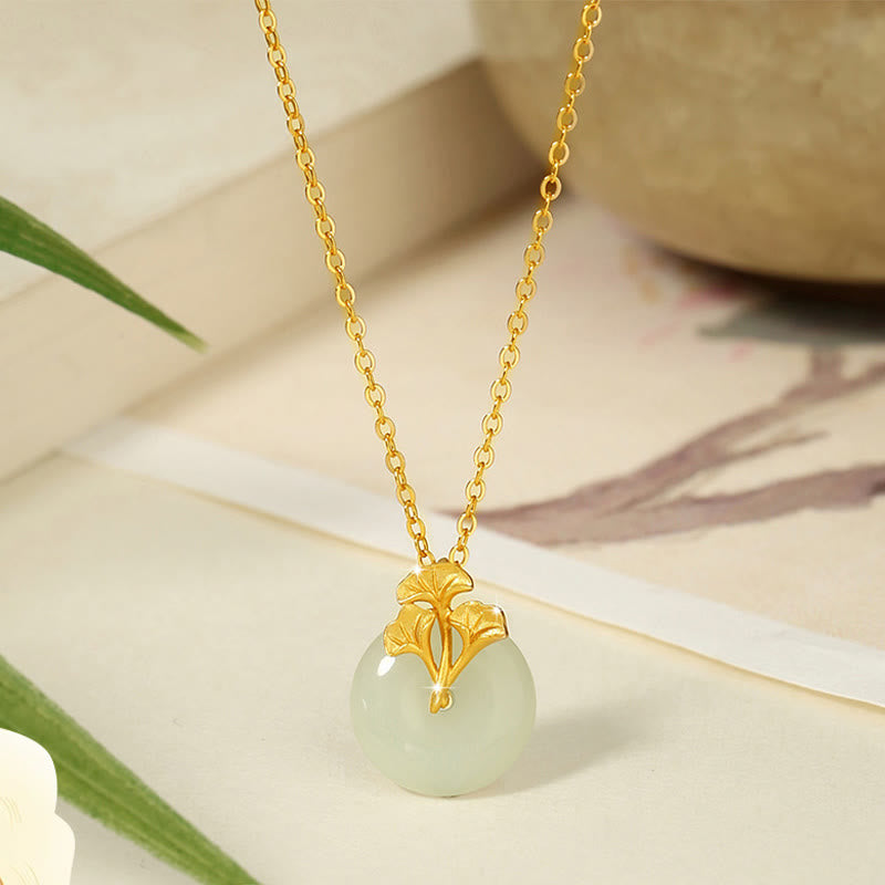 925 Sterling Silver Hetian Jade Ginkgo Leaves Prosperity Necklace Pendant
