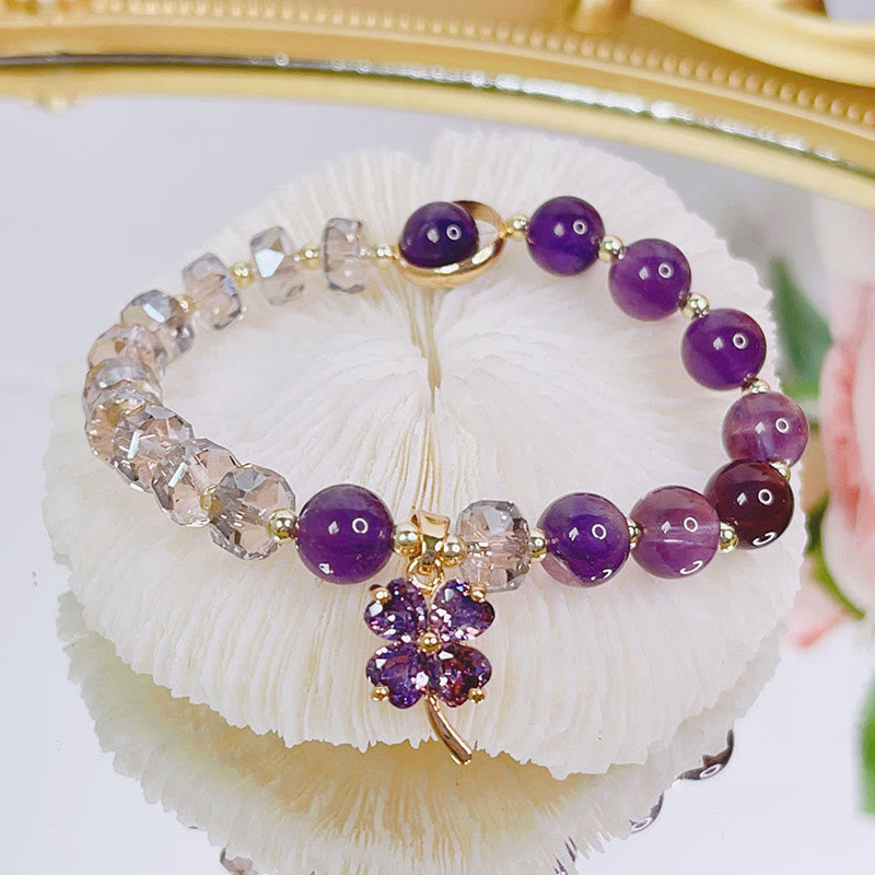 Amethyst Crystal Four Leaf Clover Healing Charm Bracelet