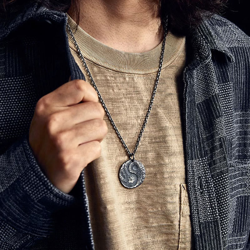 990 Sterling Silver Yin Yang Hammer Texture Harmony Necklace Pendant - Image 6