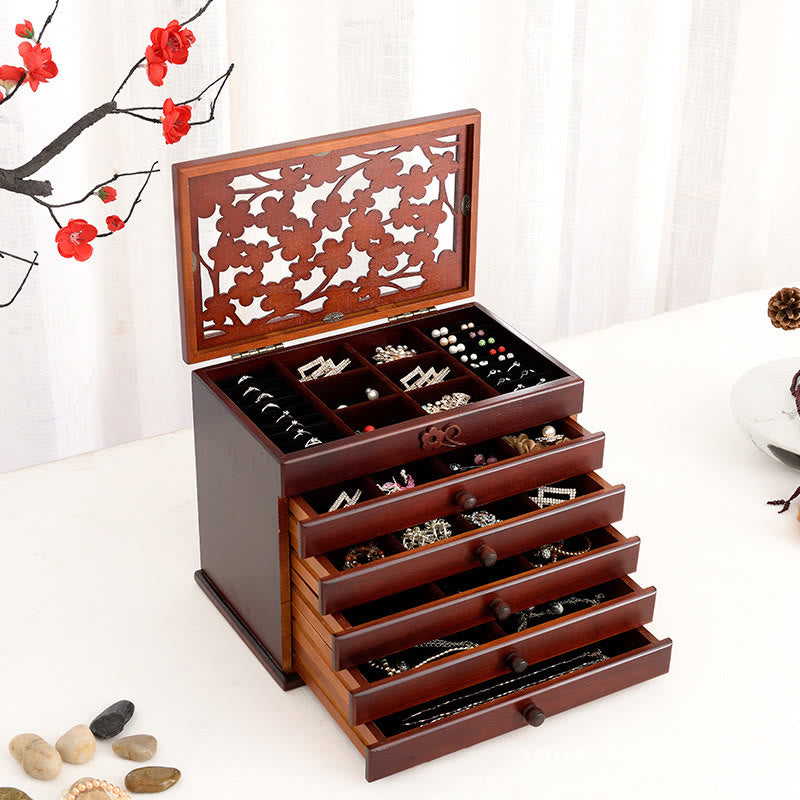 Vintage Plum Blossom Carved Wooden Jewelry Box Six-Layer Jewelry Storage Box