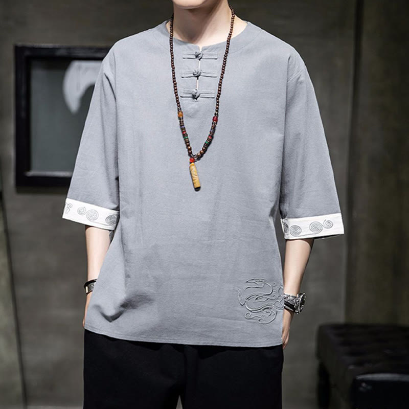 Frog-Button Dragon Embroidery Chinese Tang Suit Three Quarter Sleeve Shirt Cotton Linen Men Clothing - Image 13