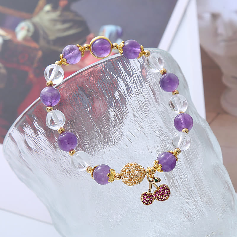 Natural Amethyst White Crystal Positive Cherry Charm Bracelet - Image 3
