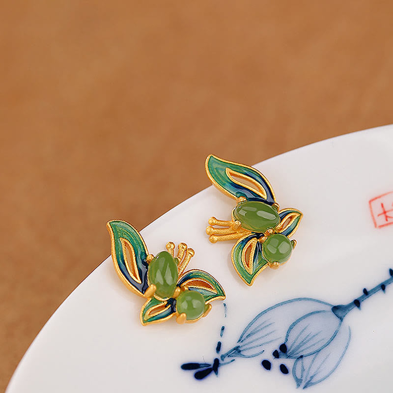 925 Sterling Silver Plated Gold Natural Cyan Jade Butterfly Luck Healing Earrings - Image 4