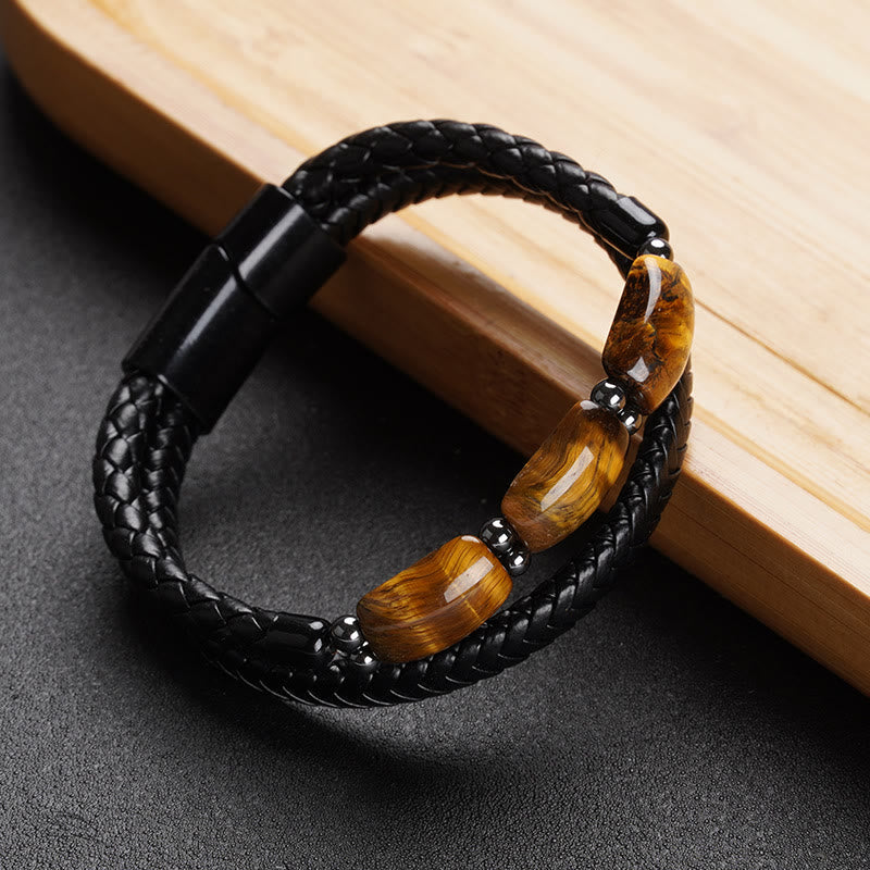 Natural Tiger Eye Protection Willpower Magnetic Buckle Leather Bracelet - Image 5