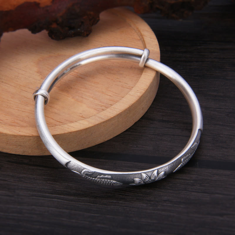 999 Sterling Silver Koi Fish Lotus Wealth Luck Bracelet Bangle - Image 3