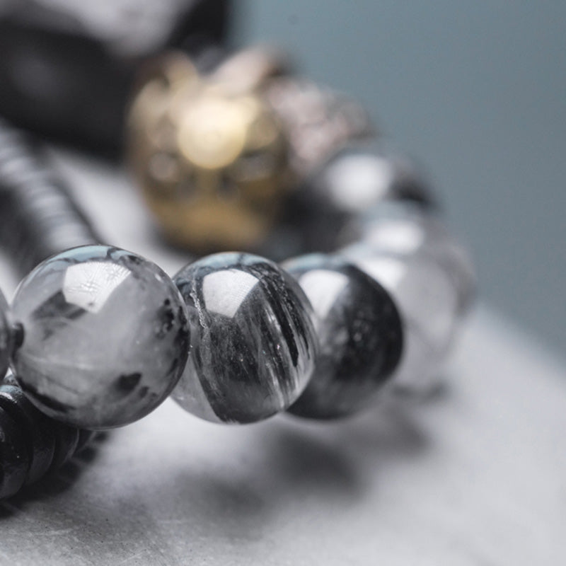 Black Rutilated Quartz Ebony Wood Copper Wisdom Couple Bracelet - Image 9