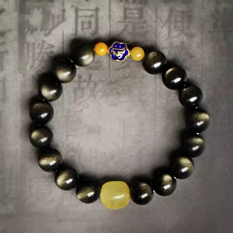 925 Sterling Silver Chinese Zodiac Natal Buddha Natural Gold Sheen Obsidian Amber Wealth Protection Bracelet - Image 4