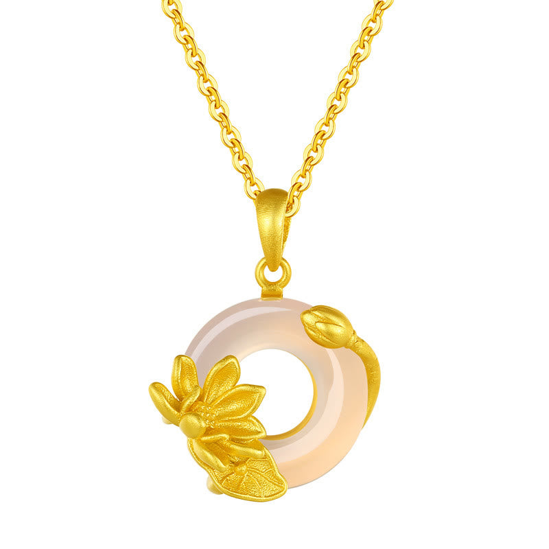 Natural White Chalcedony Peace Buckle Lotus Pendant S925 Sterling Silver Necklace - Image 4