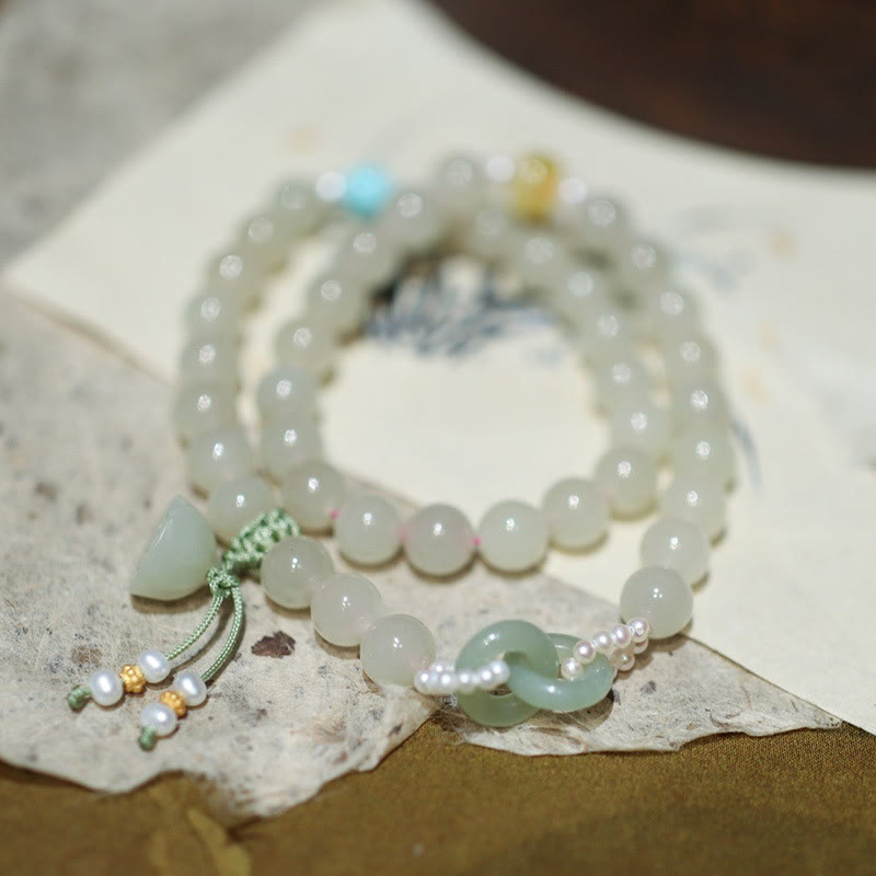 925 Sterling Silver Hetian Jade Double Peace Buckle Lotus Luck Double Wrap Bracelet