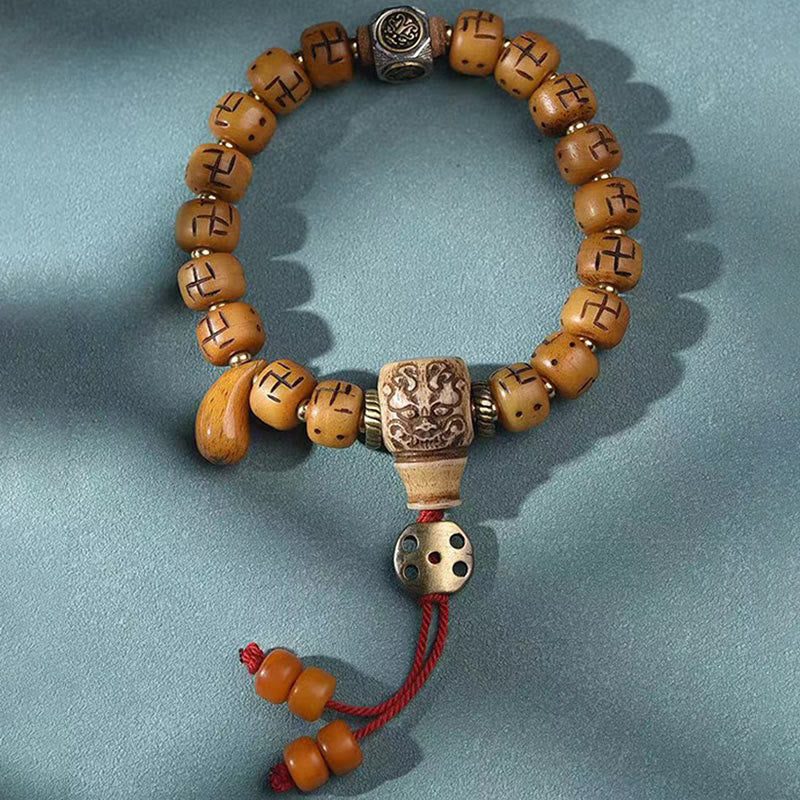 Natural Tibetan Camel Bone Swastika Dzi Bead Shankha Buddha Charm Kirtimukha Luck Protection Tassel Bracelet - Image 14