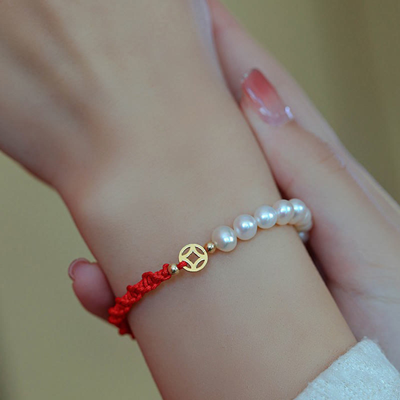 14K Gold Plated Pearl Bead Luck Protection Braid Red String Bracelet - Image 10