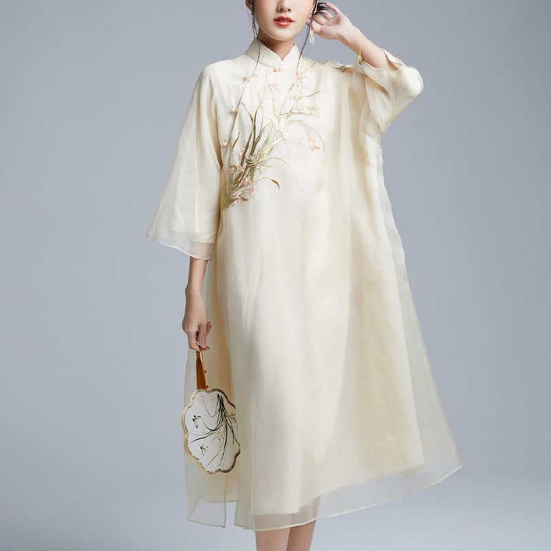 100% Mulberry Silk 6 Momme Dress Vintage Flower Butterfly Embroidery Qipao Dress Women's Cheongsam Dress - Image 3