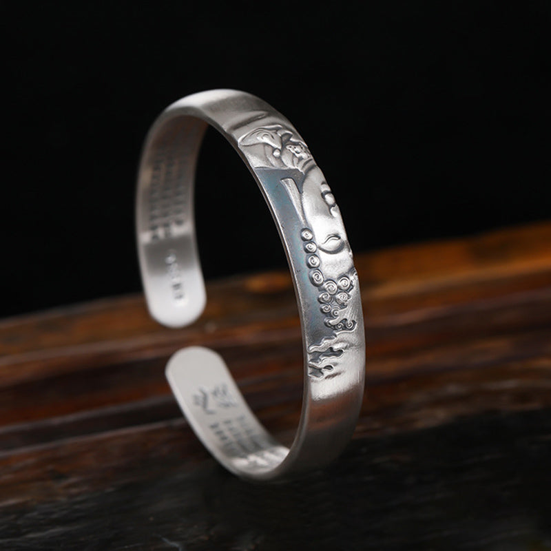 999 Sterling Silver Buddha Head Heart Sutra Serenity Bracelet Bangle - Image 5