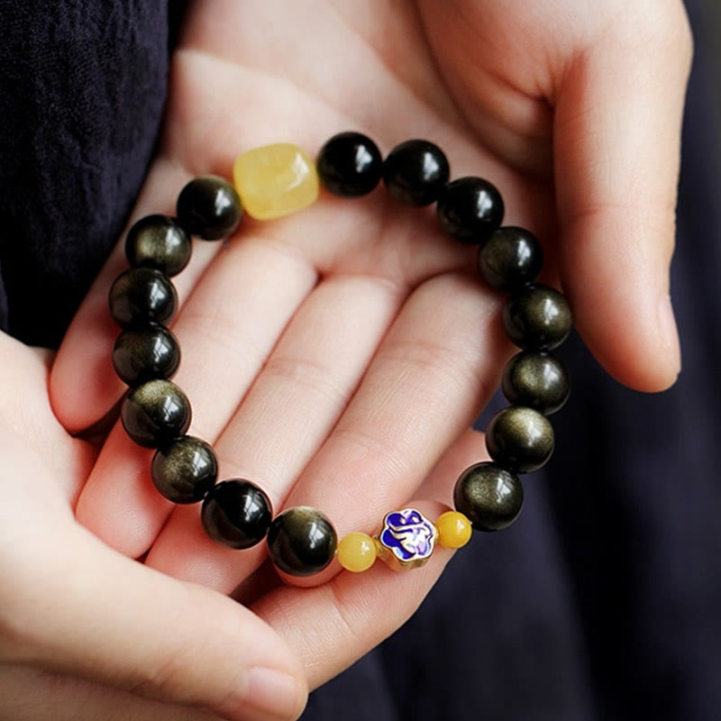 925 Sterling Silver Chinese Zodiac Natal Buddha Natural Gold Sheen Obsidian Amber Wealth Protection Bracelet - Image 10