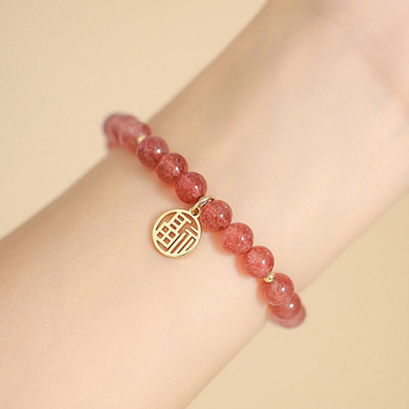 14K Gold Plated Strawberry Quartz Fu Character Healing Charm Bracelet - Image 12