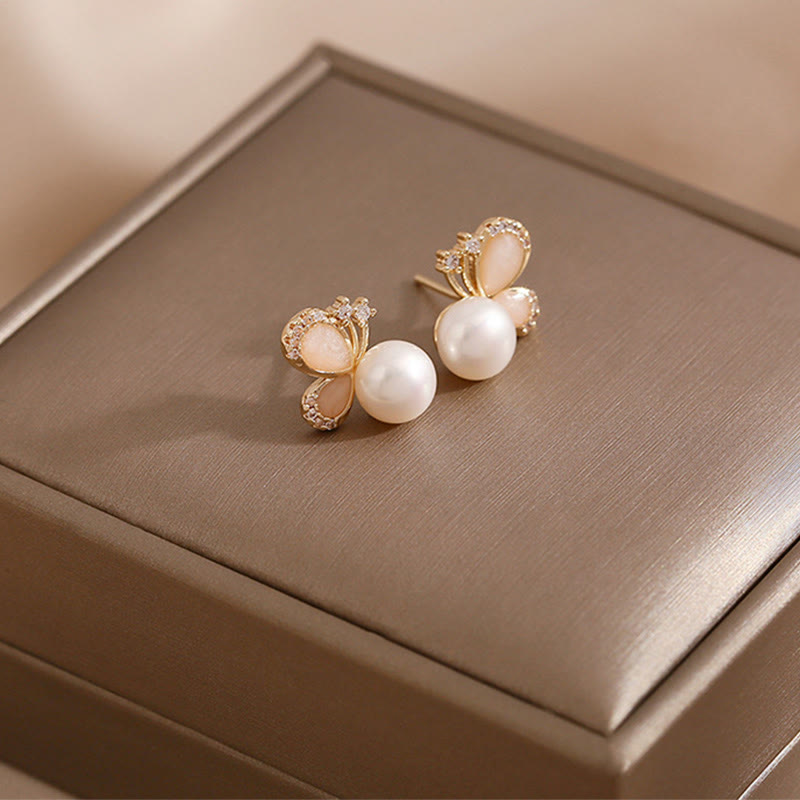 18k Gold Plated Pearl Butterfly Love Freedom Stud Earrings - Image 7