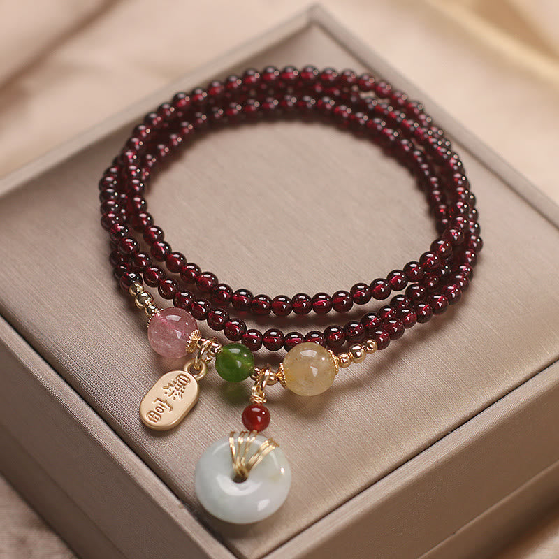 Natural Garnet Strawberry Quartz Crystal Fox Koi Fish Peace Buckle Fortune Protection Triple Wrap Bracelet - Image 13