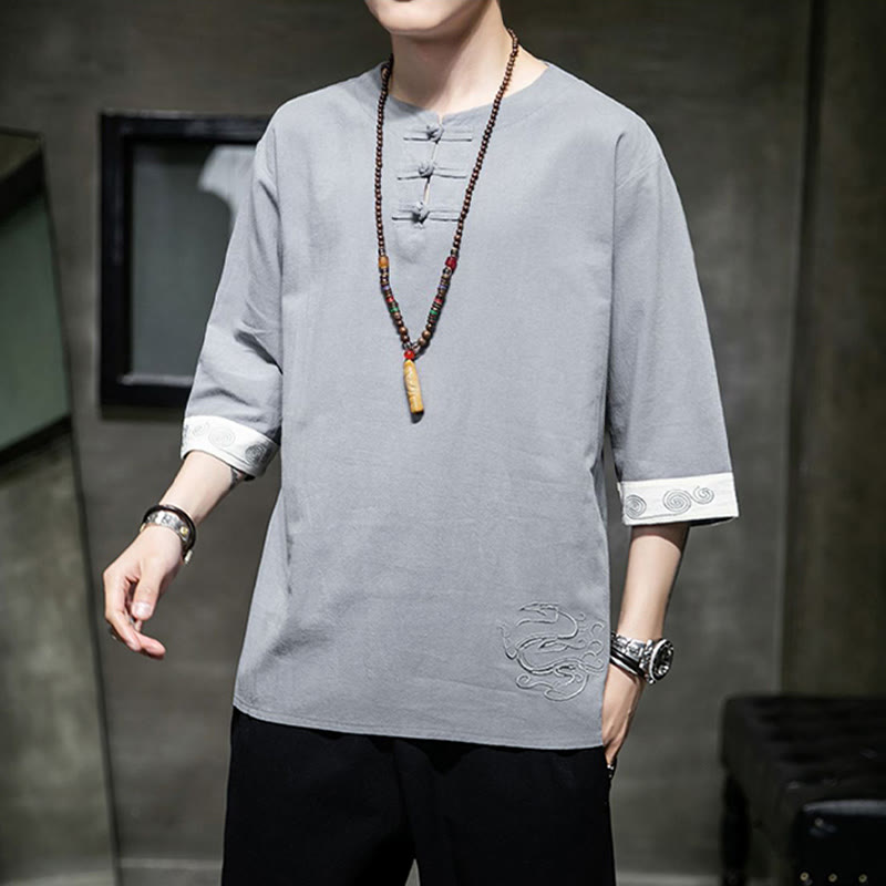 Frog-Button Dragon Embroidery Chinese Tang Suit Three Quarter Sleeve Shirt Cotton Linen Men Clothing - Image 22