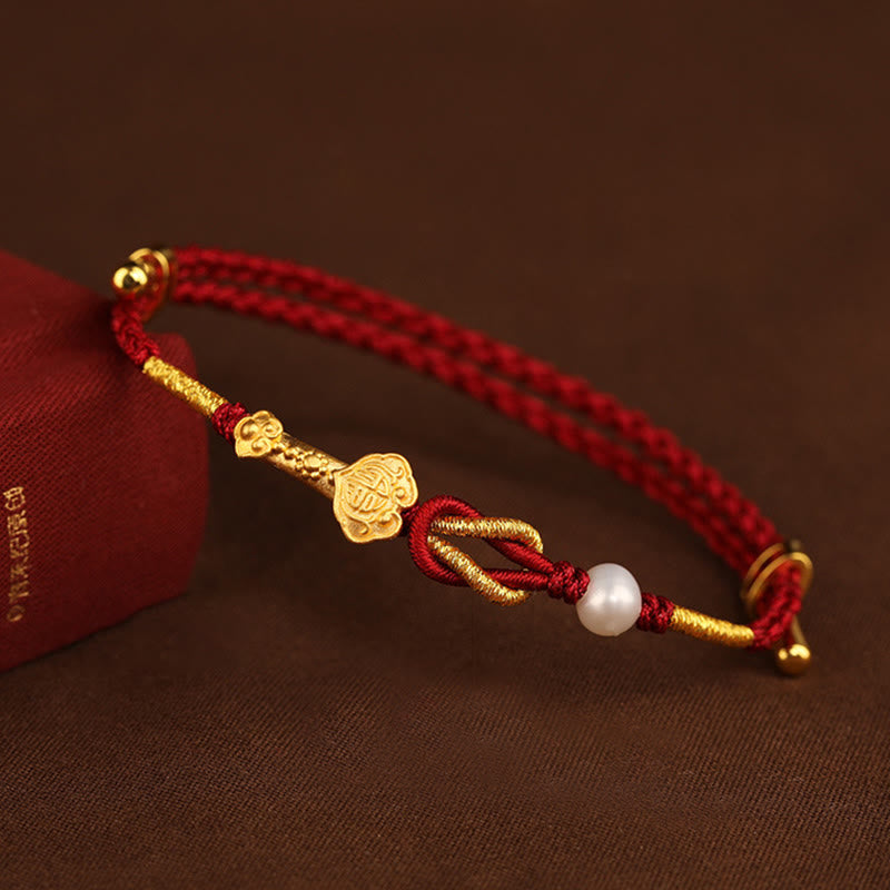 24K Gold Wish Ruyi Handle Fu Character Rabbit Pearl Luck Braided Bracelet - Image 10
