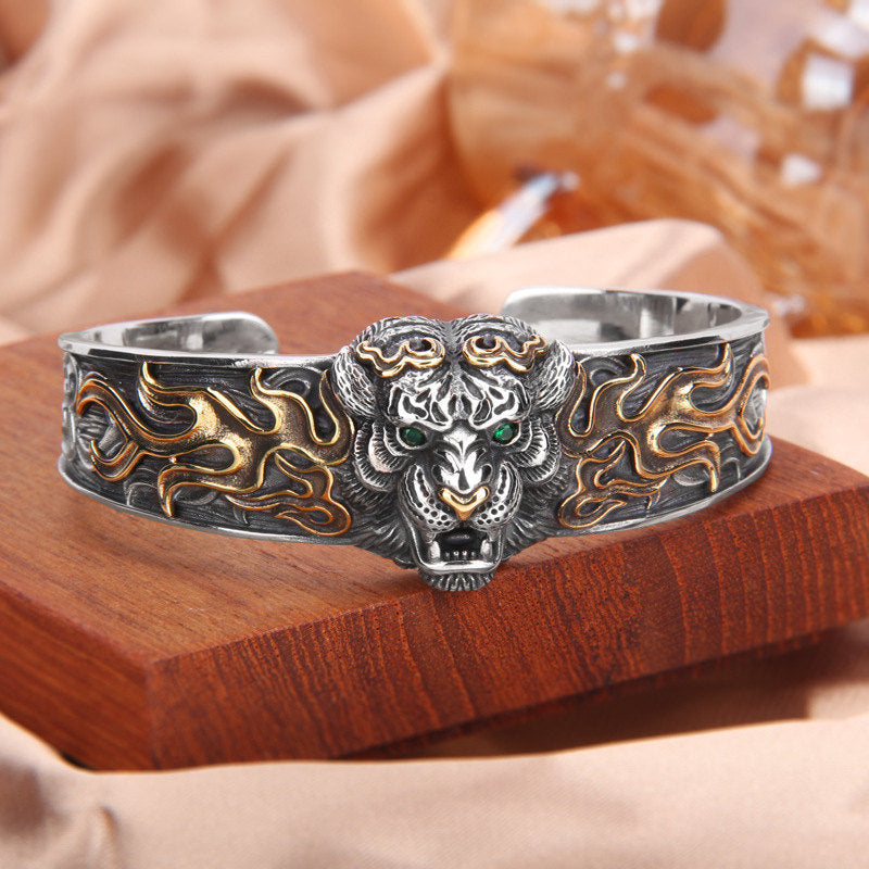 925 Sterling Silver Chinese Zodiac Tiger Keep Away Evil Spirits Bracelet Bangle