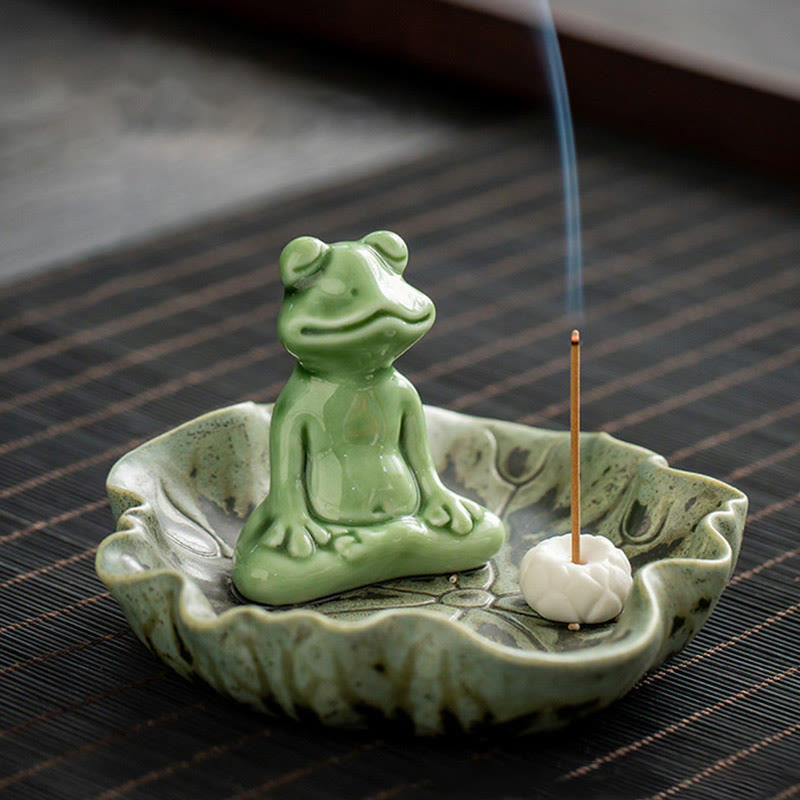 Leaf Meditation Frog Pattern Healing Ceramic Incense Burner Decoration