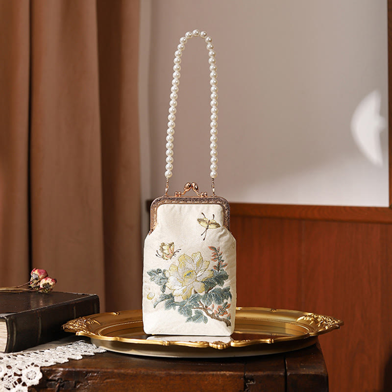 Small Flowers Butterfly Embroidered Pearl Metal Chain Shoulder Bag Crossbody Handbag Cellphone Bag