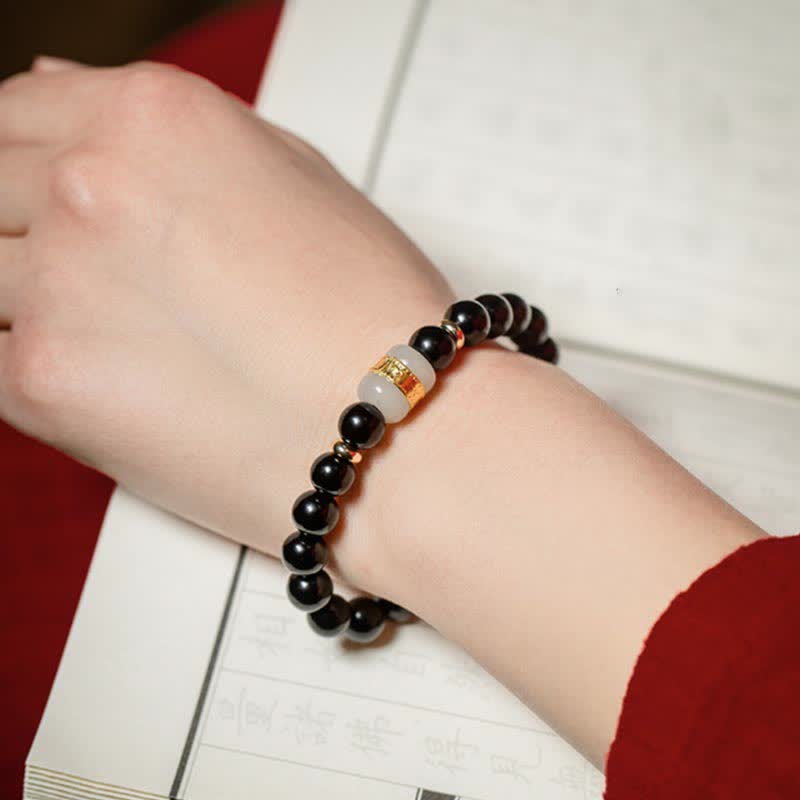 Black Obsidian Jade Om Mani Padme Hum Strength Couple Magnetic Bracelet - Image 4