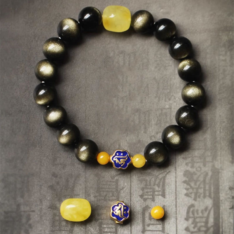 925 Sterling Silver Chinese Zodiac Natal Buddha Natural Gold Sheen Obsidian Amber Wealth Protection Bracelet - Image 7