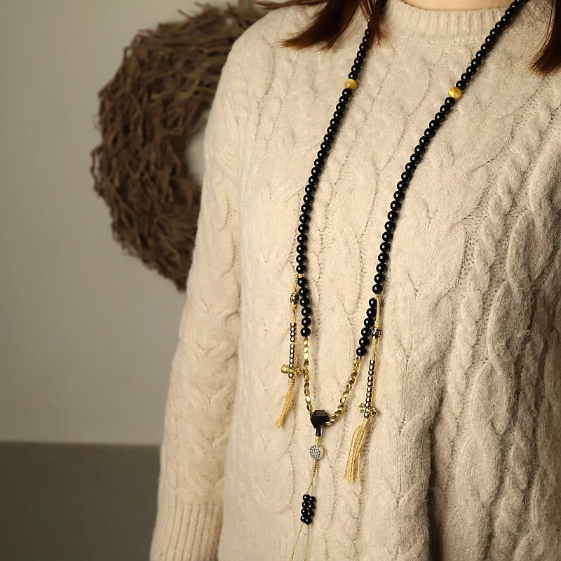 Tibetan 108 Mala Beads Black Onyx Three-eyed Dzi Beads Protection Bracelet - Image 4