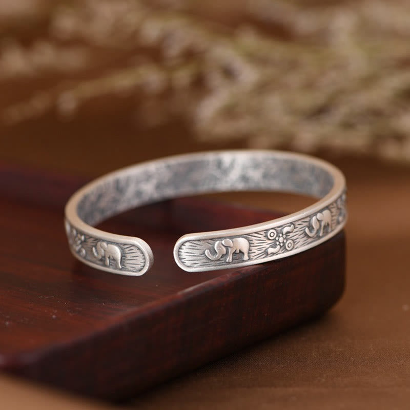 999 Sterling Silver Elephant Strength Wisdom Bracelet Cuff Bangle - Image 5