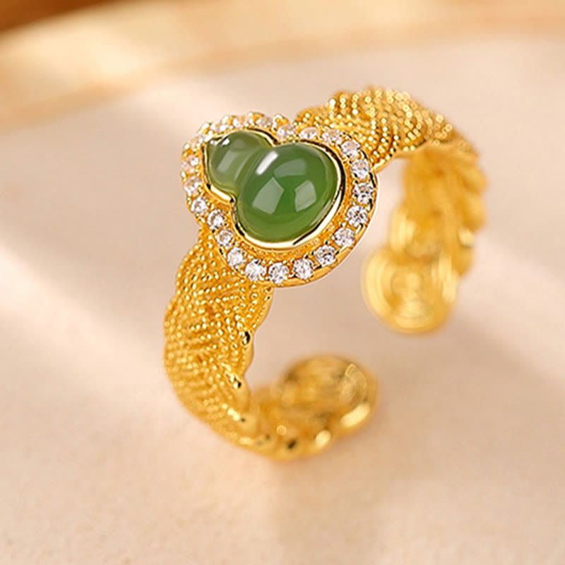 925 Sterling Silver Plated Gold Natural Hetian Cyan Jade Gourd Luck Bracelet Ring Set - Image 5