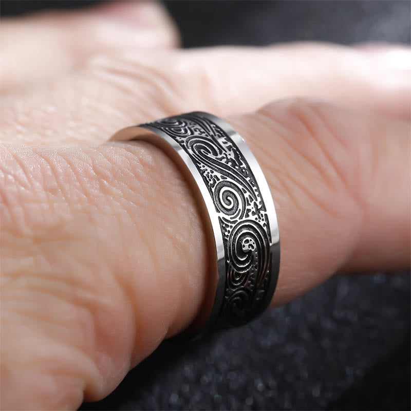 Vintage Wave Auspicious Clouds Engraved Pattern Titanium Steel Balance Ring - Image 4
