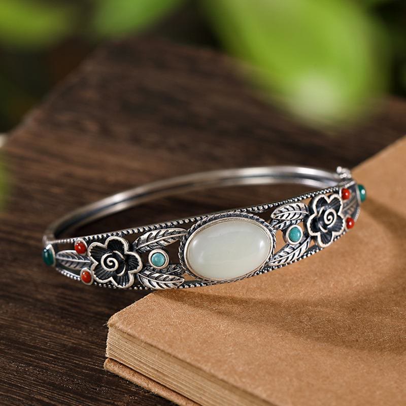 Cyan Jade White Jade Flower Leaf Harmony Luck Bracelet Bangle - Image 11