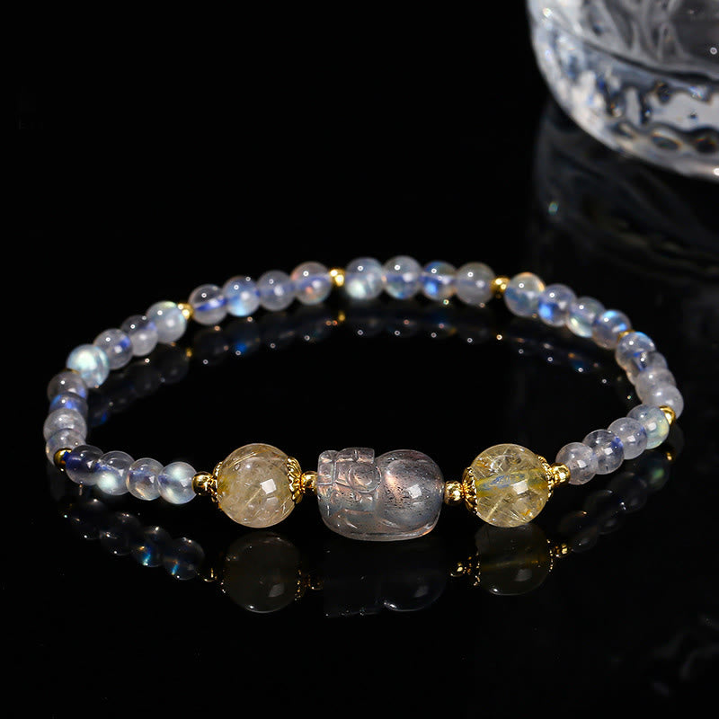 Moonstone Strawberry Quartz Tourmaline PiXiu Healing Bracelet