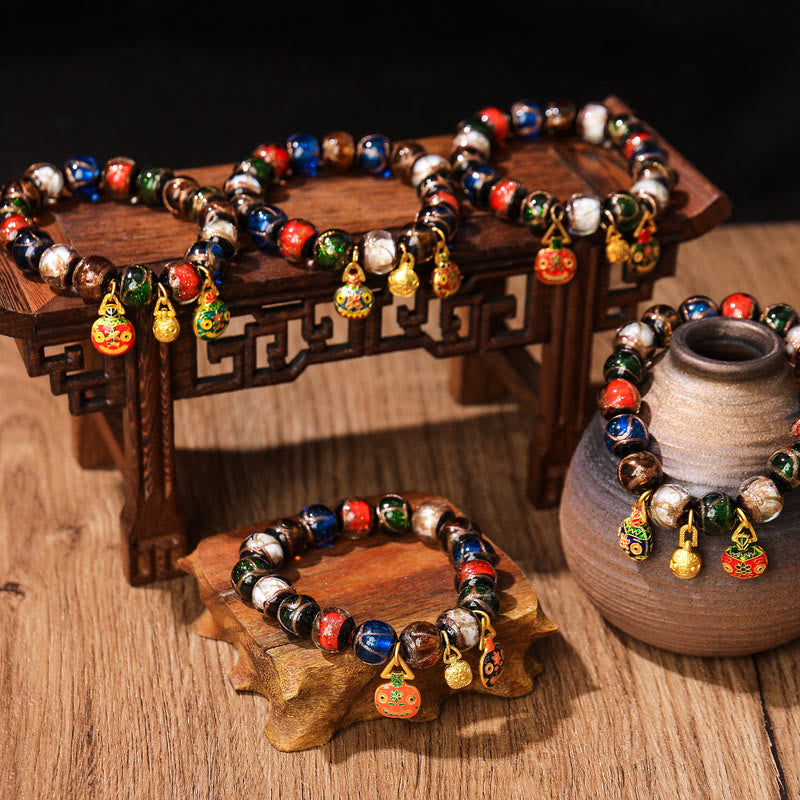 Five Elements Gold Swallowing Beast Family Charm Liuli Glass Bead Luck Bracelet