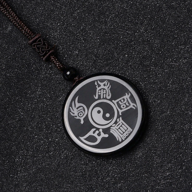 Black Obsidian Taoism Five Sacred Mountains Nine-Character Mantra Carved Purification Yin Yang Necklace Pendant - Image 12