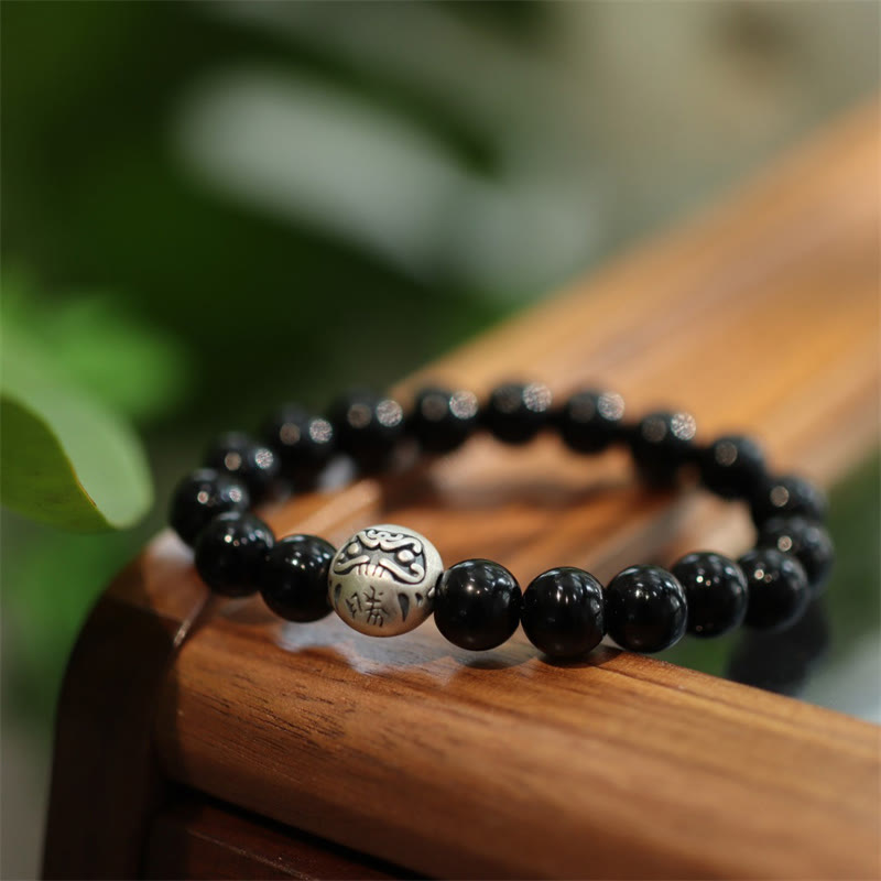 925 Sterling Silver Black Onyx Bead Character Engraved Protection Bracelet