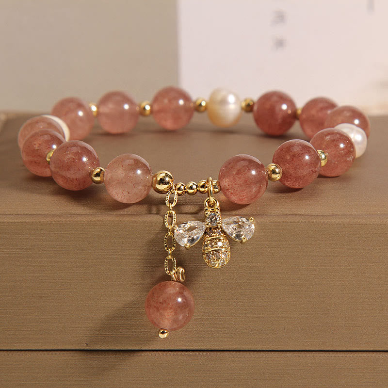 Strawberry Quartz Pearl Cute Zircon Honeybee Positive Charm Bracelet