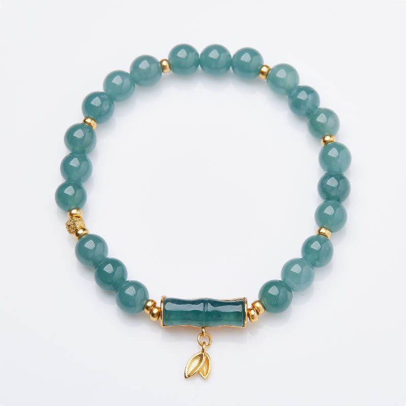 925 Sterling Silver Plated Gold Natural Green Jade Bamboo Charm Luck Bracelet