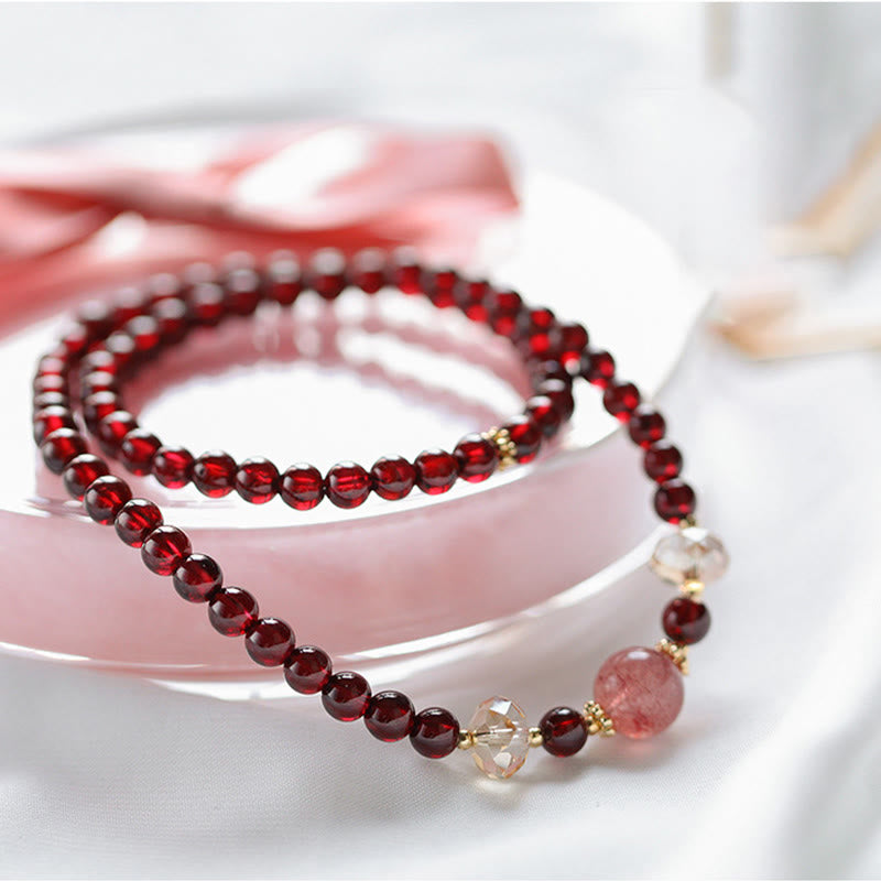 14K Gold Plated Natural Garnet Strawberry Quartz Stability Double Wrap Bracelet